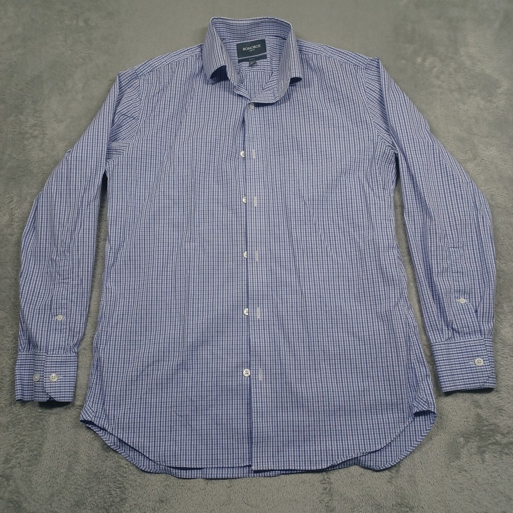 Bonobos Shirt Mens 15.5 Blue Plaid Stretch‎ Slim Ffit Button Up Long Sleeve